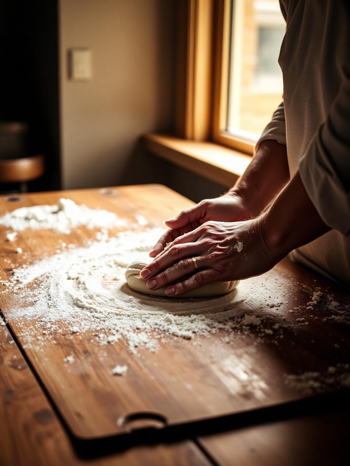 Hands shaping dough